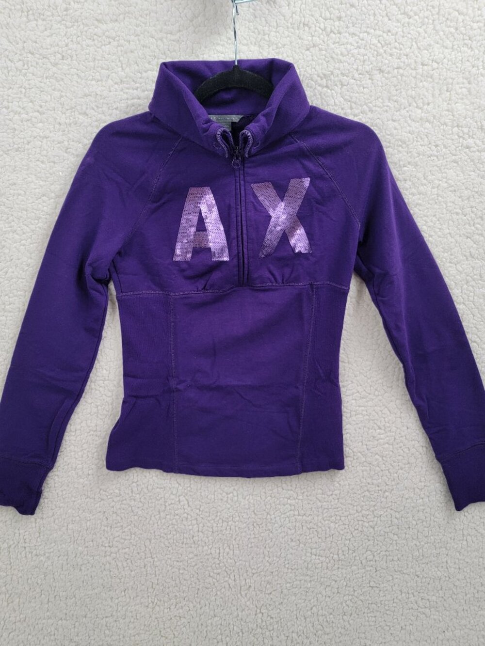 Armani Exchange AX Womens Small Purple Sequin Logo 1/4 Zip Pullover Sweatshirt